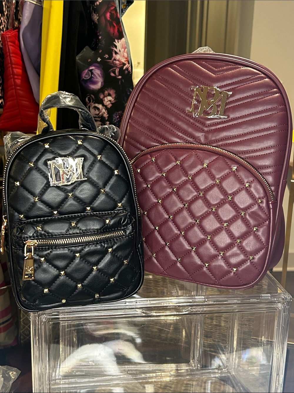 Set Of 2 Badgley Mischka Quilted Mini & Medium Backpacks in Plum & Black NWT